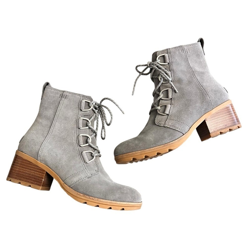 Sorel Cate Lace Up Boots Gray Suede Women's Size 10 | Heeled Ankle Booties